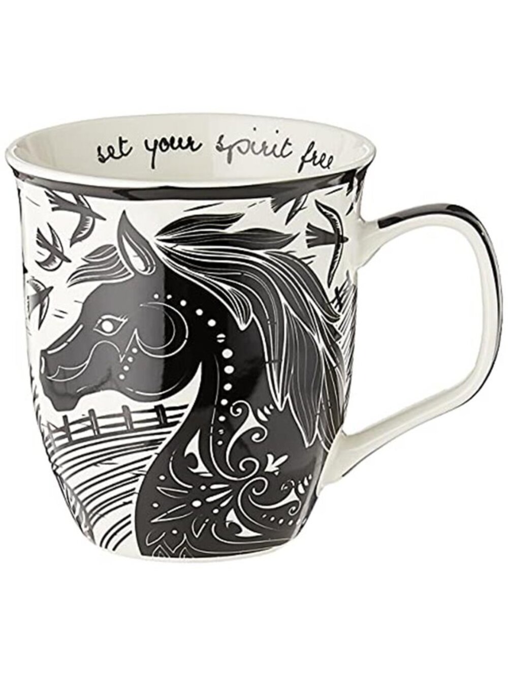 14 oz Black and White Boho Mug Horse - Cute Coffee and Tea Mug - Ceramic Coffee
